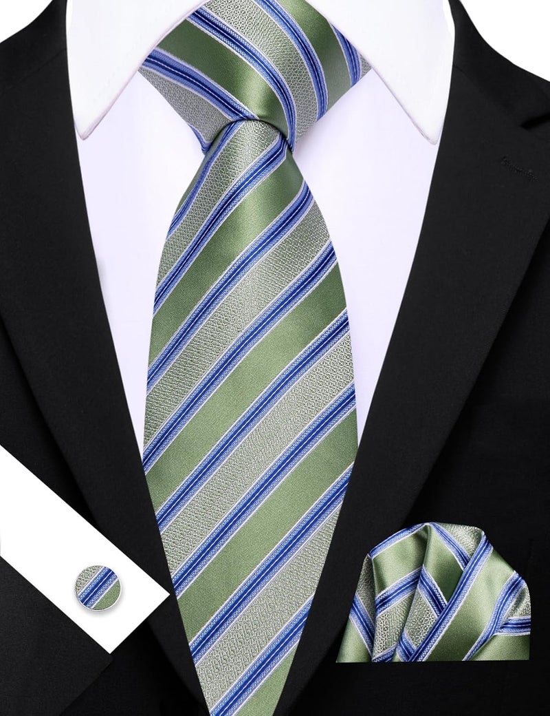 Barry.Wang Store Tie Sets for Men Silk Stripe Necktie Woven Checkered Handkerchief Cufflinks Formal Business Wedding - Image 5